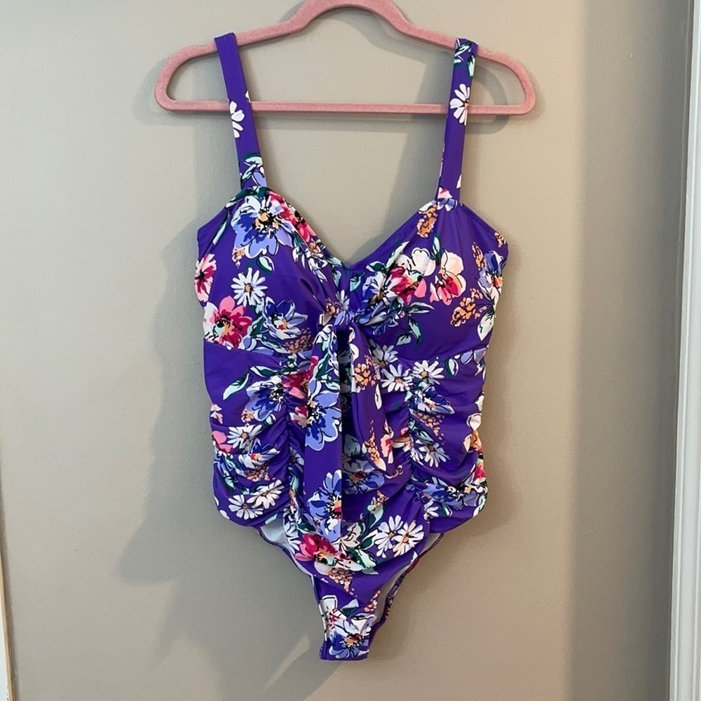 NWT Cupshe Purple Floral Ruched One Piece Swimsuit